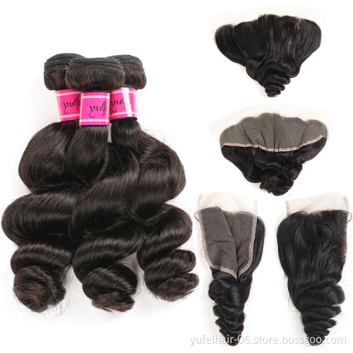 Natural Black Loose Wave 13x6 13x4 Lace Frontal With Human Hair Wefts Virgin Peruvian 3 Hair Bundles With Closure